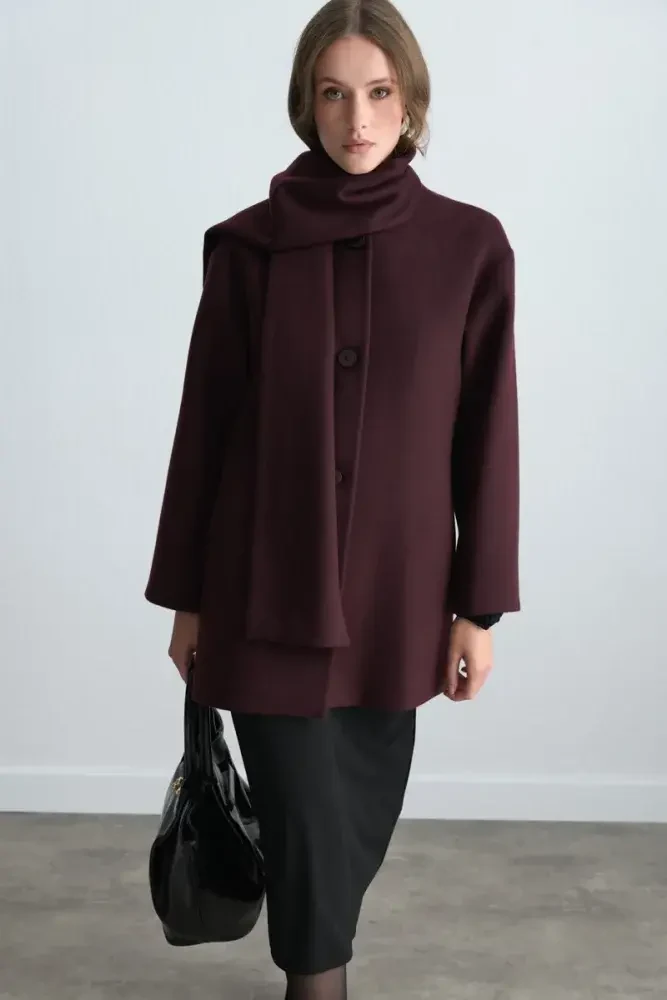 Wool Blend Coat with Scarf - Burgundy Burgundy
