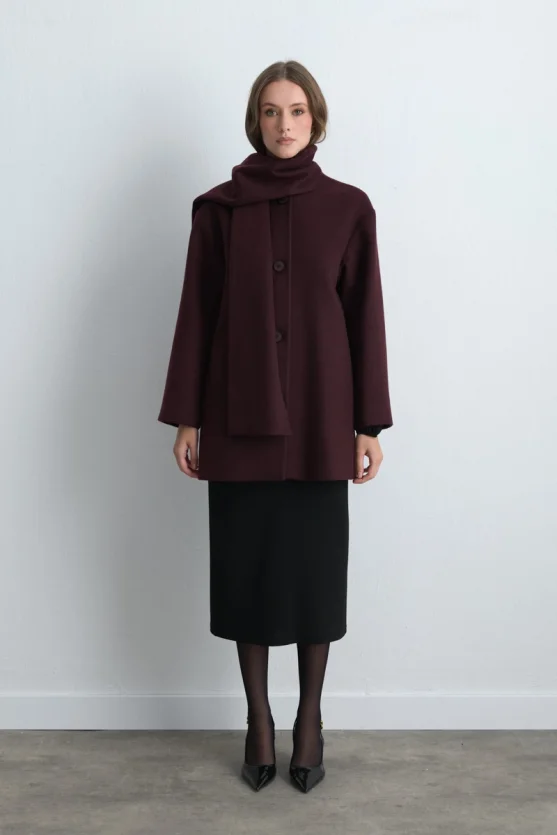 Wool Blend Coat with Scarf - Burgundy - 4