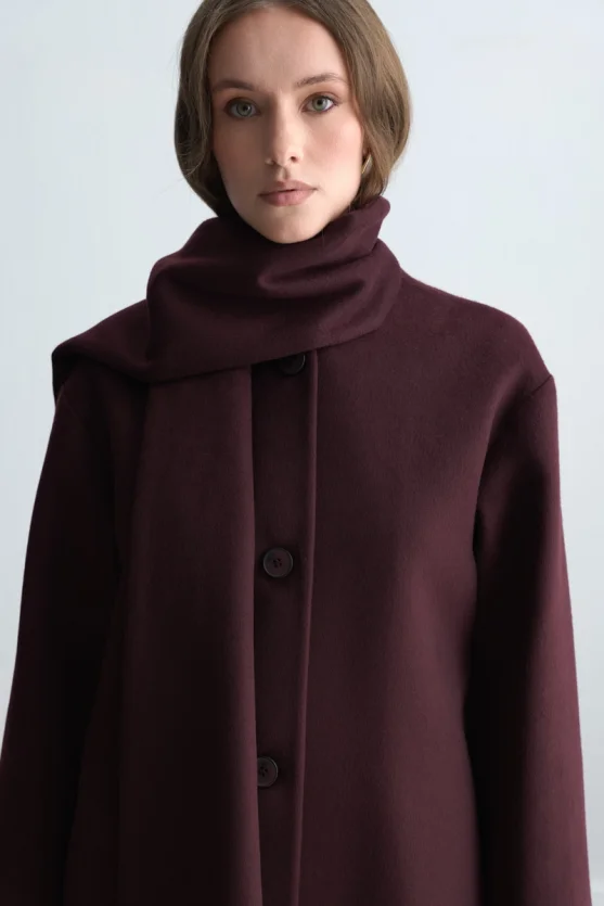 Wool Blend Coat with Scarf - Burgundy - Gusto