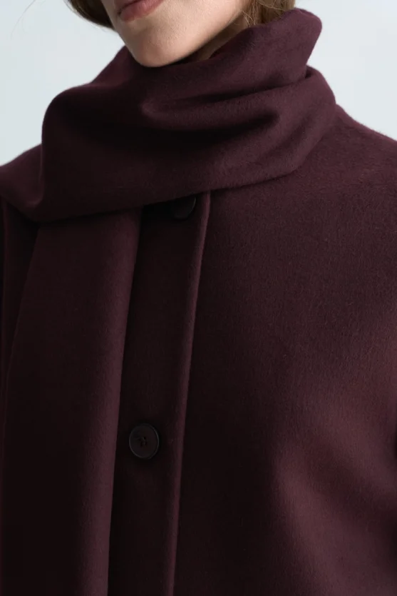 Wool Blend Coat with Scarf Burgundy - 7