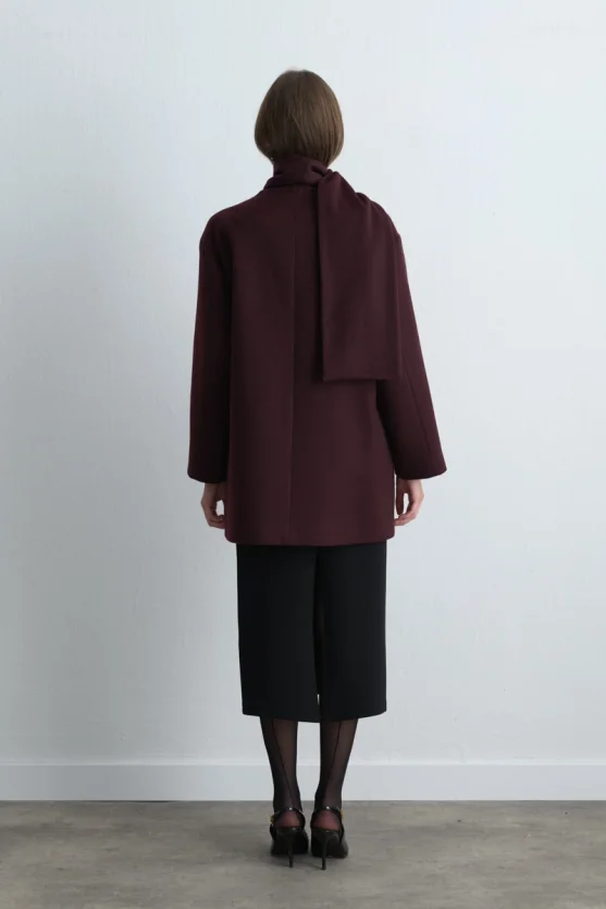 Wool Blend Coat with Scarf Burgundy - 9