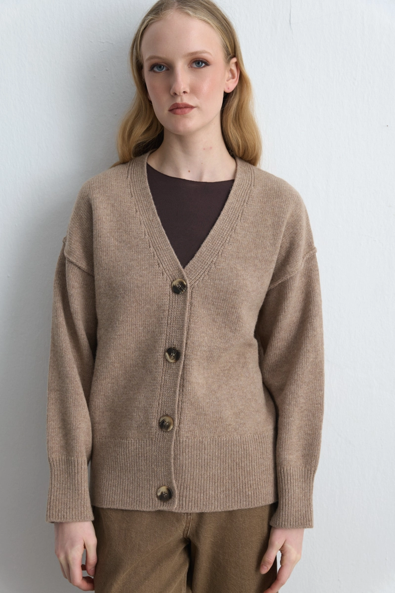 Wool Blend Knit Cardigan - Beige - 1