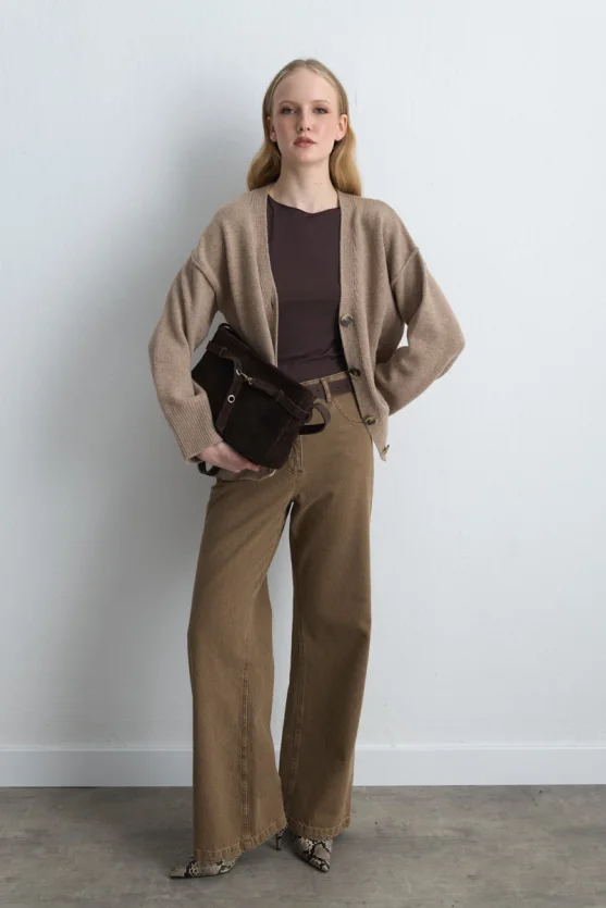 Wool Blend Knit Cardigan Beige - 2