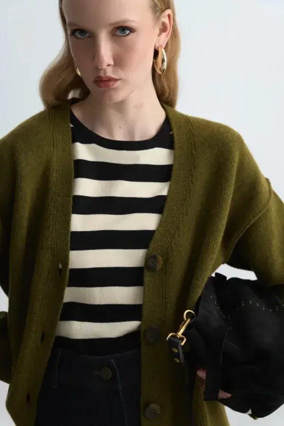 Wool Blend Knit Cardigan - Khaki - Gusto