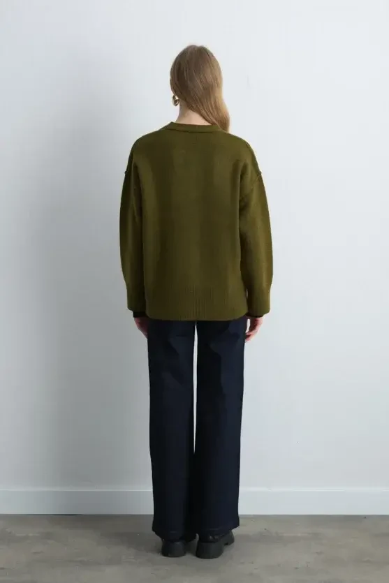 Wool Blend Knit Cardigan - Khaki - Gusto