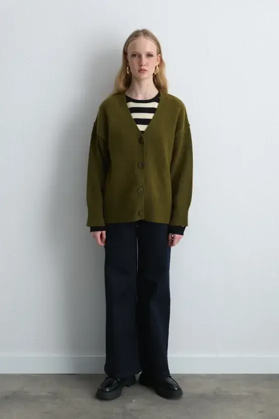 Wool Blend Knit Cardigan - Khaki - Gusto
