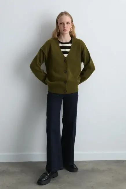 Wool Blend Knit Cardigan - Khaki - Gusto (1)