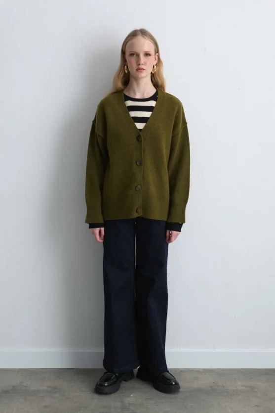 Wool Blend Knit Cardigan Khaki - Gusto