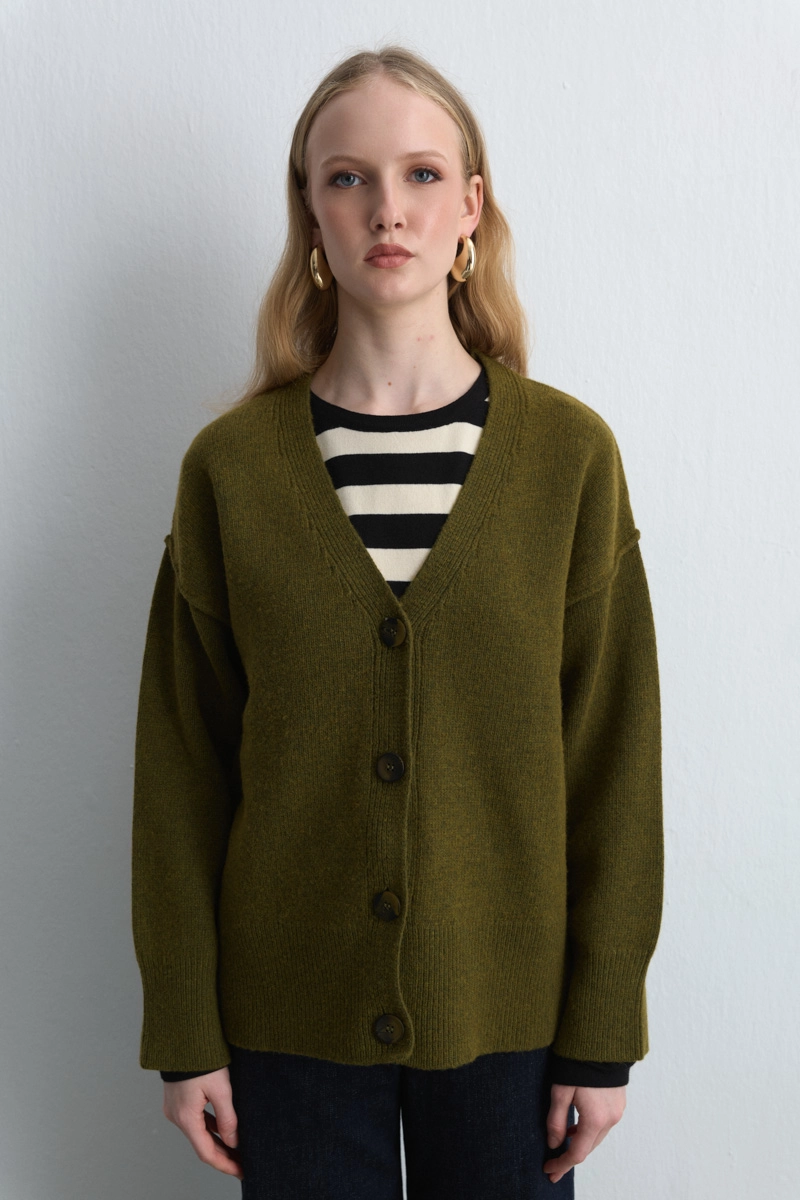 Wool Blend Knit Cardigan Khaki - Gusto