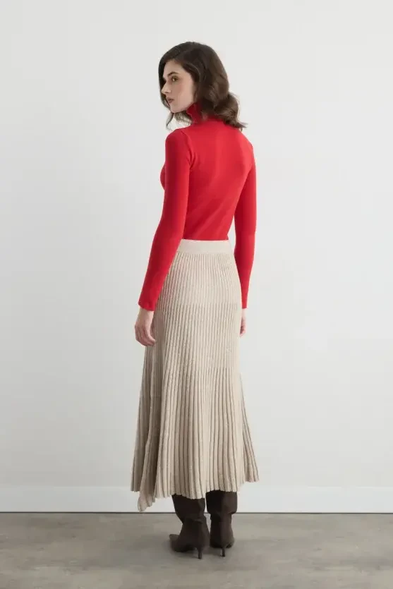 Wool Blend Pleated Knit Skirt - Beige - 5