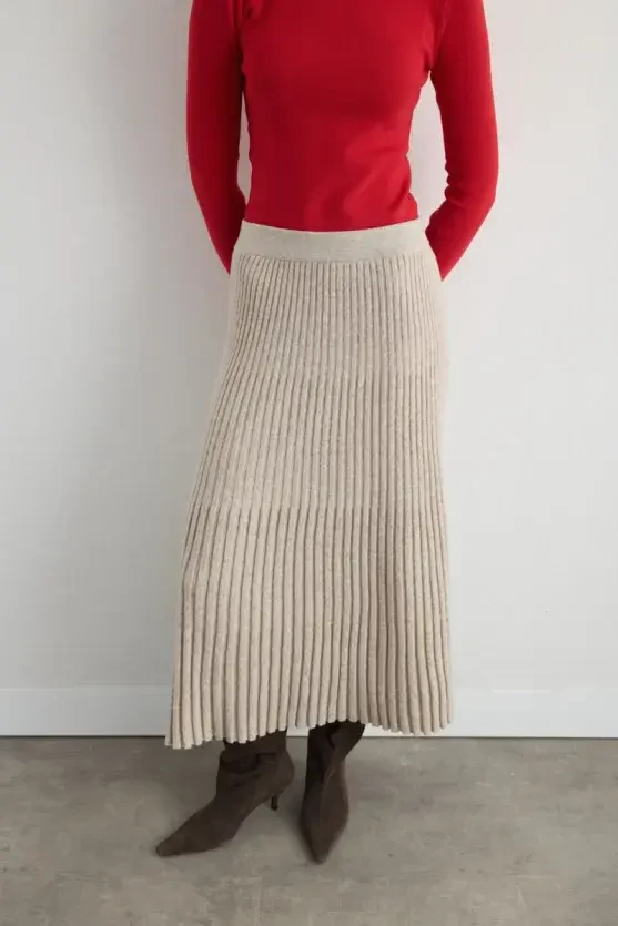 Wool Blend Pleated Knit Skirt - Beige - Gusto