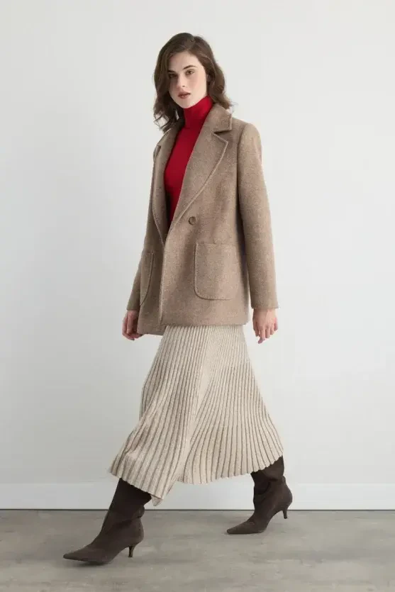 Wool Blend Pleated Knit Skirt - Beige - Gusto