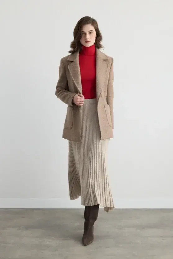 Wool Blend Pleated Knit Skirt - Beige - 2