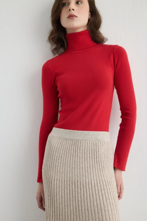 Wool Blend Pleated Knit Skirt Beige - 4