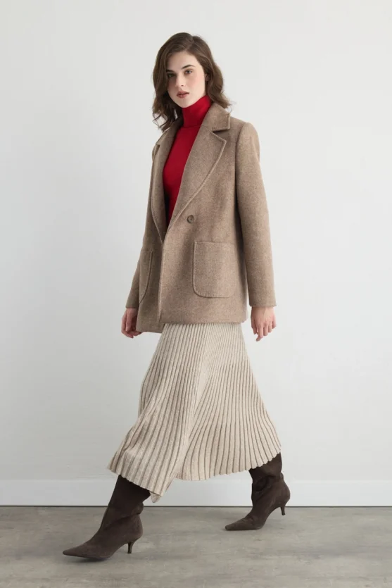 Wool Blend Pleated Knit Skirt Beige - 6