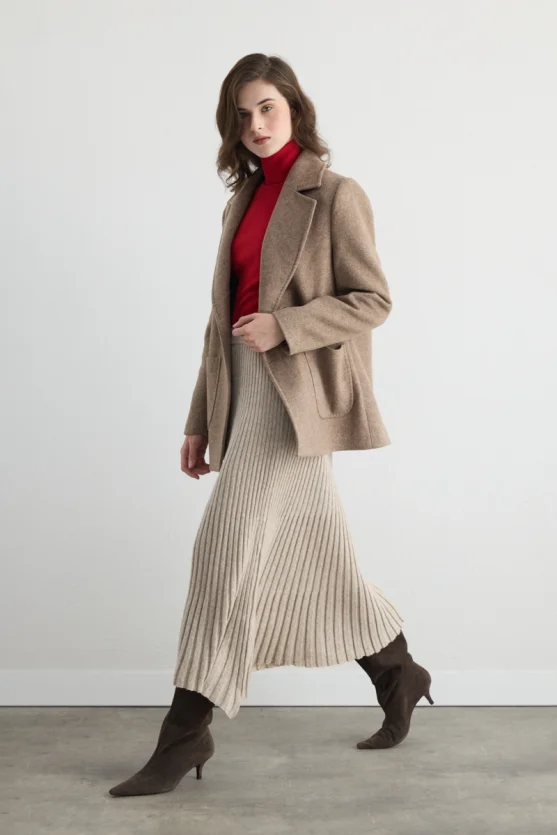 Wool Blend Pleated Knit Skirt Beige - Gusto