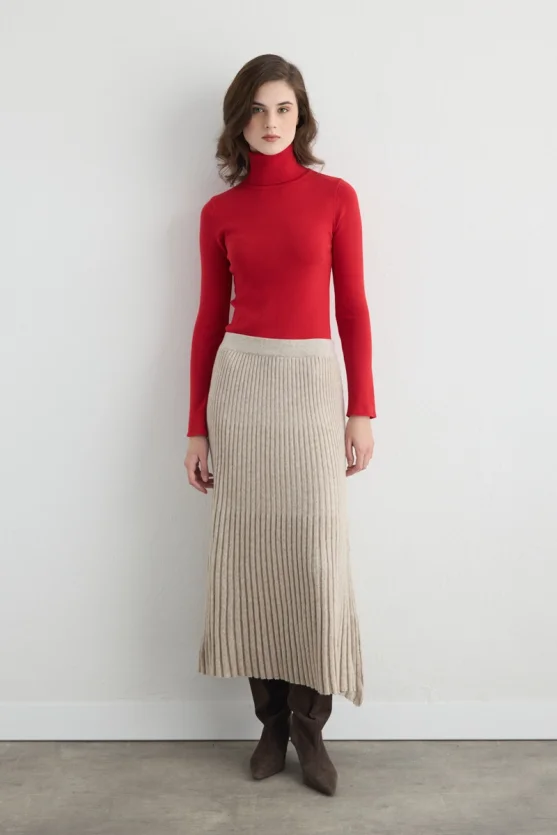Wool Blend Pleated Knit Skirt Beige - 1