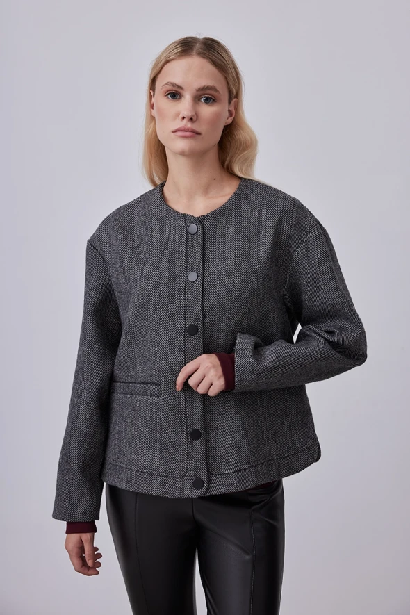 Wool Houndstooth Jacket - Anthracite - 2