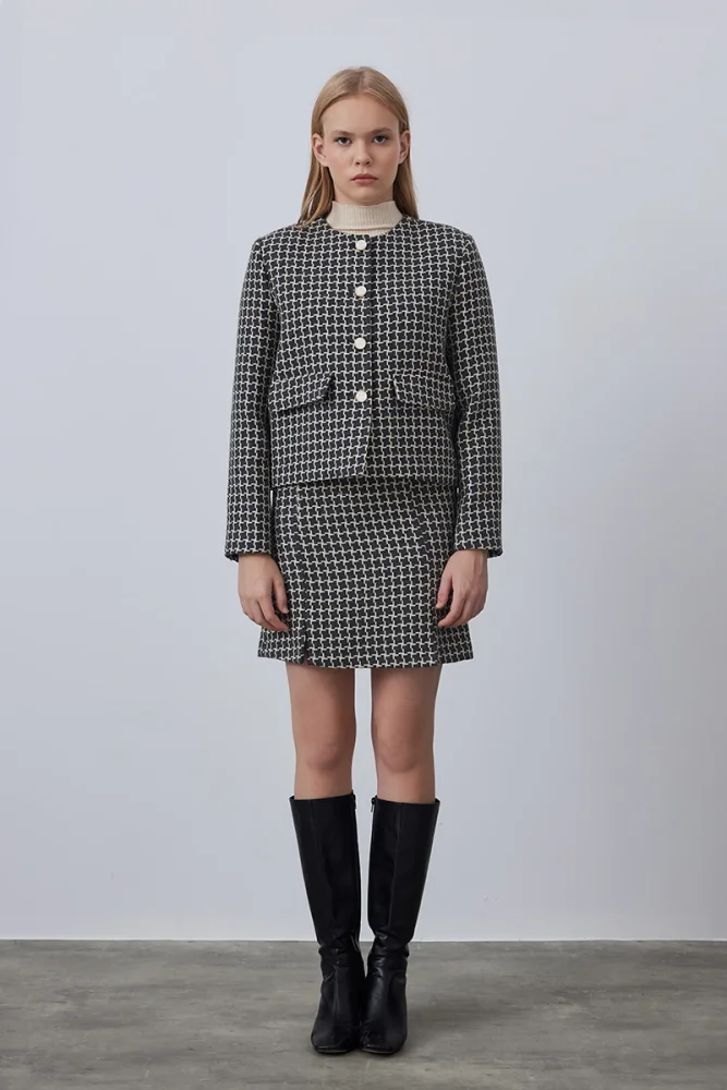 Wool Houndstooth Mini Skirt - Gray Gray