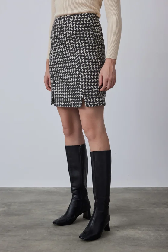 Wool Houndstooth Mini Skirt - Gray - 2
