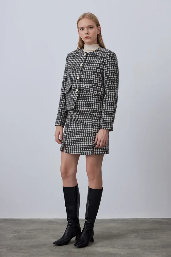 Wool Houndstooth Mini Skirt - Gray - Gusto
