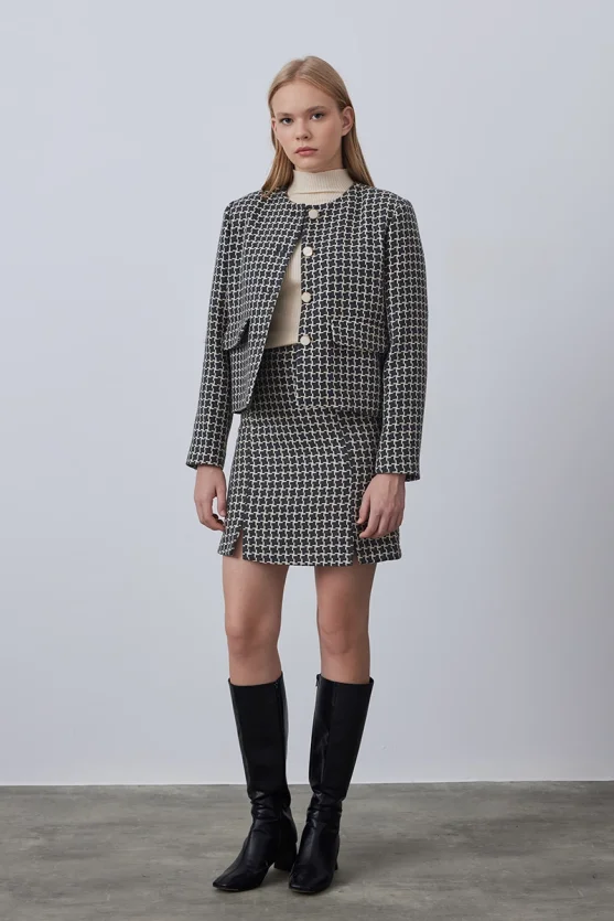 Wool Houndstooth Mini Skirt - Gray - Gusto
