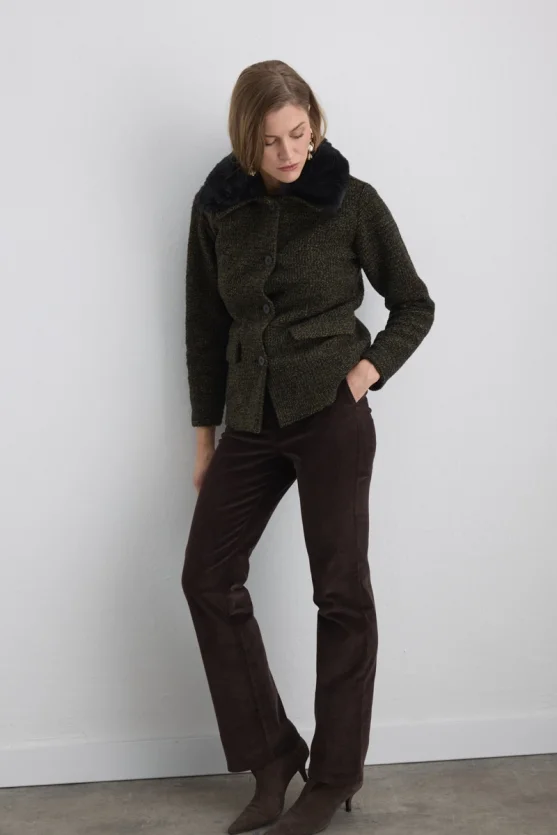 Wool Jacket with Detachable Fur Collar - Khaki - 6