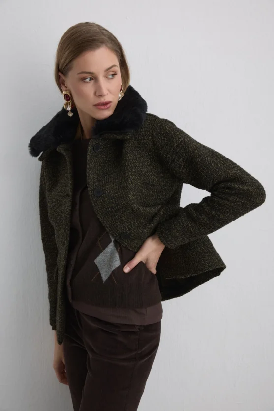 Wool Jacket with Detachable Fur Collar - Khaki - 4