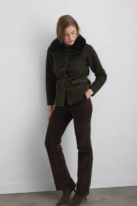 Wool Jacket with Detachable Fur Collar - Khaki - Gusto
