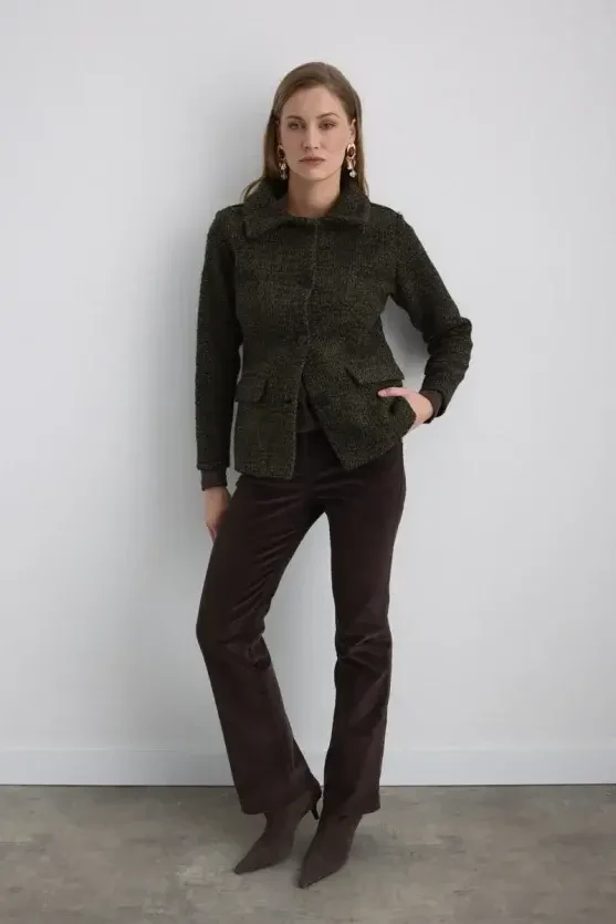 Wool Jacket with Detachable Fur Collar - Khaki - Gusto