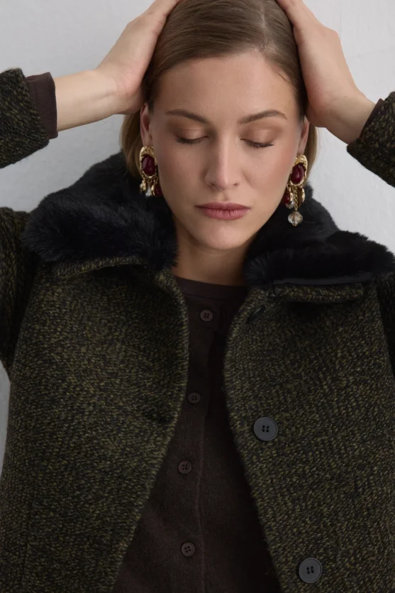 Wool Jacket with Detachable Fur Collar Khaki - 5