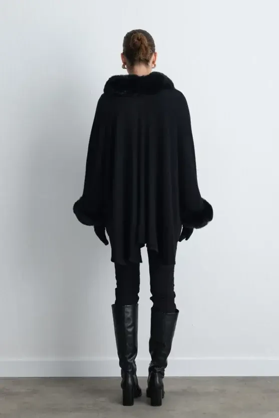 Wool Knit Cape with Faux Fur Detail - Black - Gusto