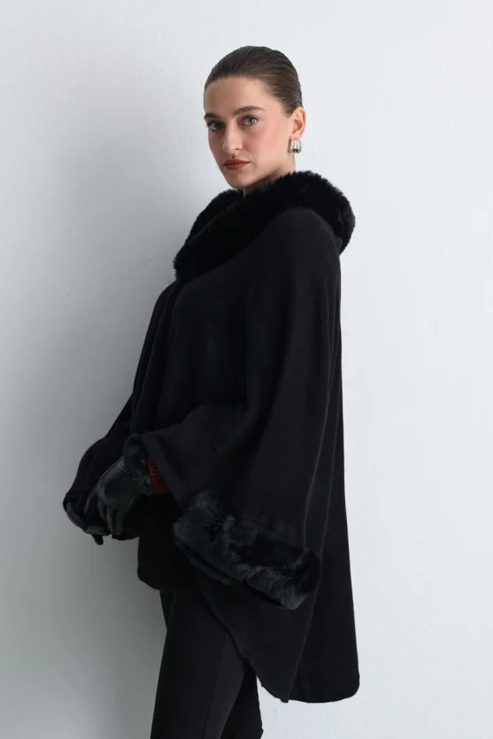Wool Knit Cape with Faux Fur Detail - Black - Gusto