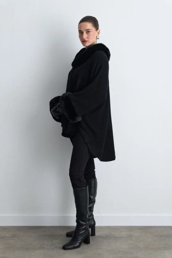 Wool Knit Cape with Faux Fur Detail - Black - Gusto