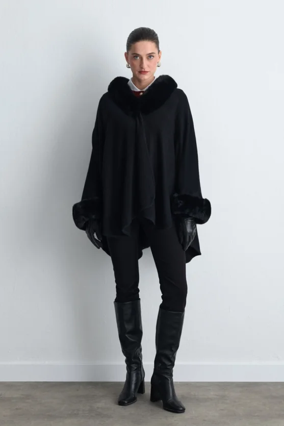 Wool Knit Cape with Faux Fur Detail - Black - 3