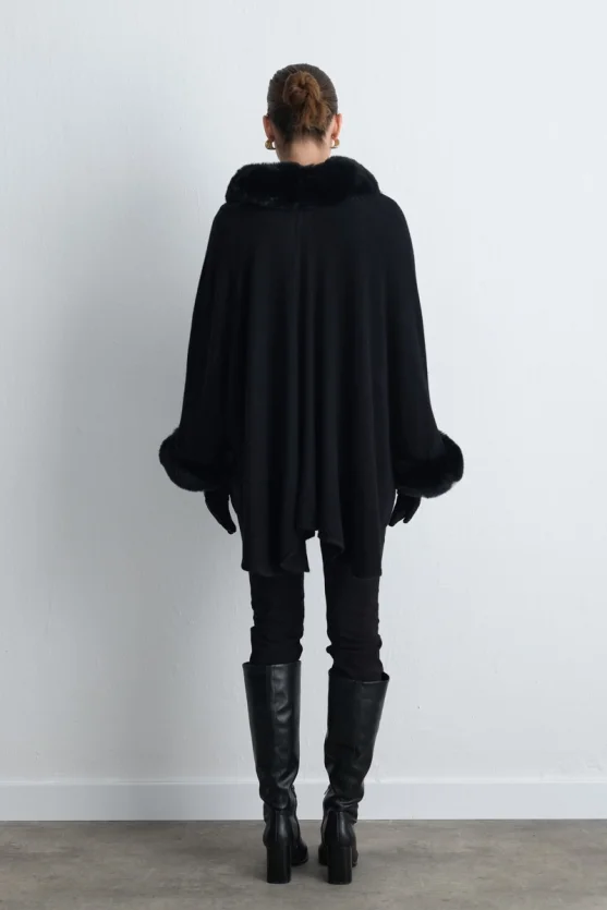 Wool Knit Cape with Faux Fur Detail - Black - Gusto