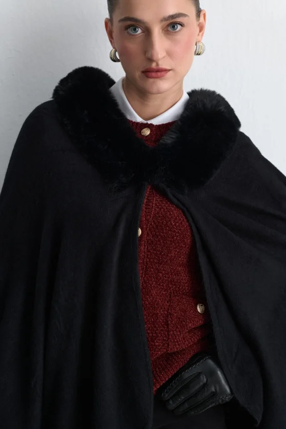 Wool Knit Cape with Faux Fur Detail Black - 2