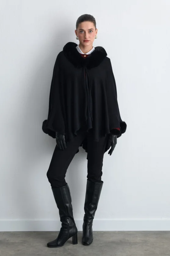 Wool Knit Cape with Faux Fur Detail Black - Gusto