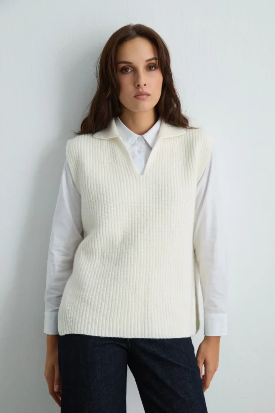 Wool Knit Vest Ecru - 3