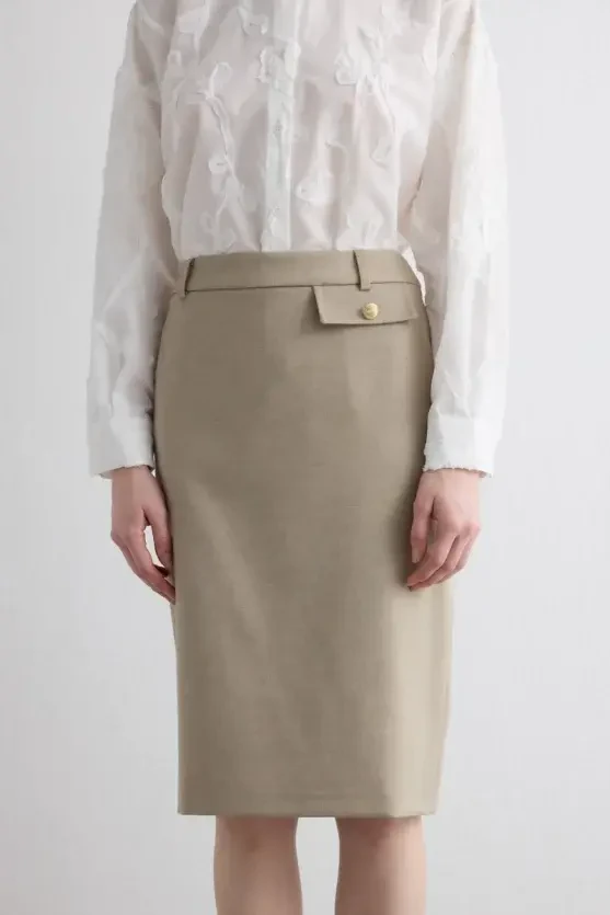 Wool Pencil Skirt - Beige - 5
