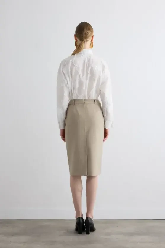 Wool Pencil Skirt - Beige - 8