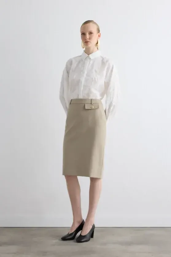 Wool Pencil Skirt - Beige - 1