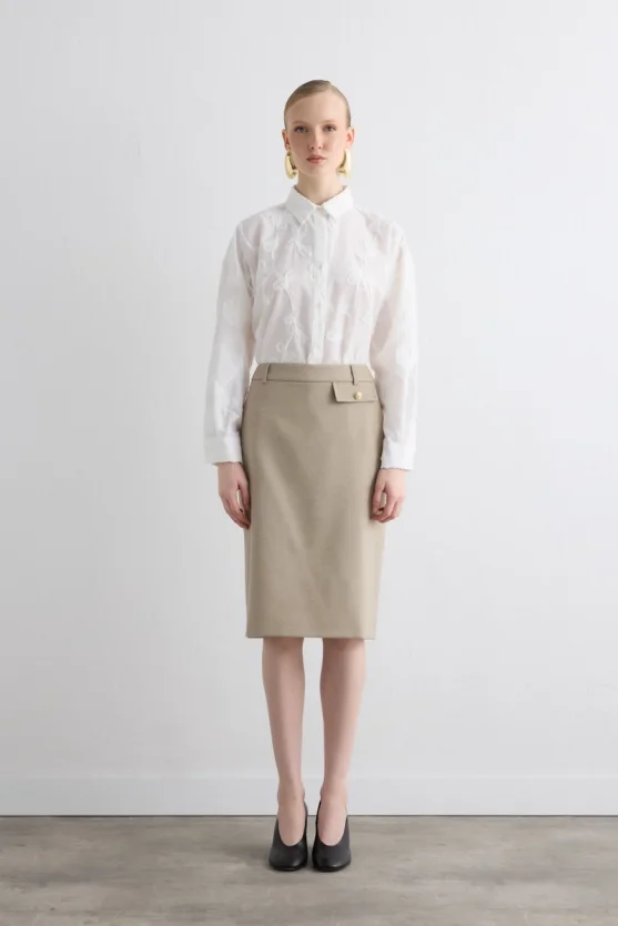 Wool Pencil Skirt Beige - 3
