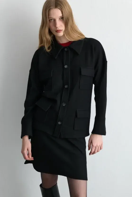Wool Shirt Jacket with Pockets - Black - 3