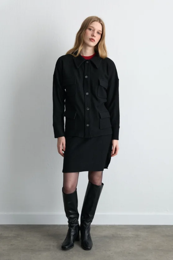 Wool Shirt Jacket with Pockets Black - Gusto