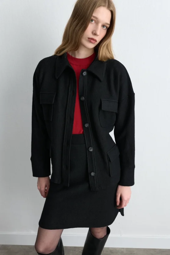 Wool Shirt Jacket with Pockets Black - 1