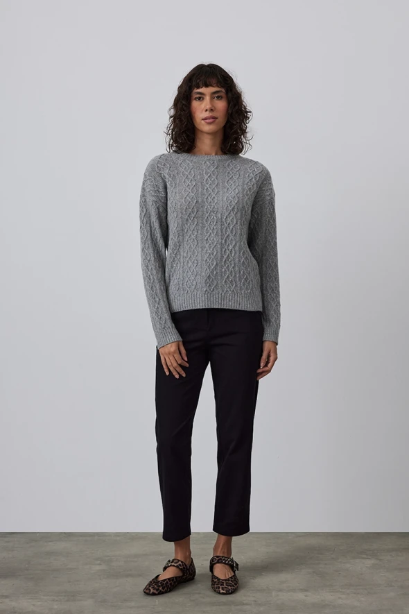 Wool Sweater with Knit Patterned - Gray - 2