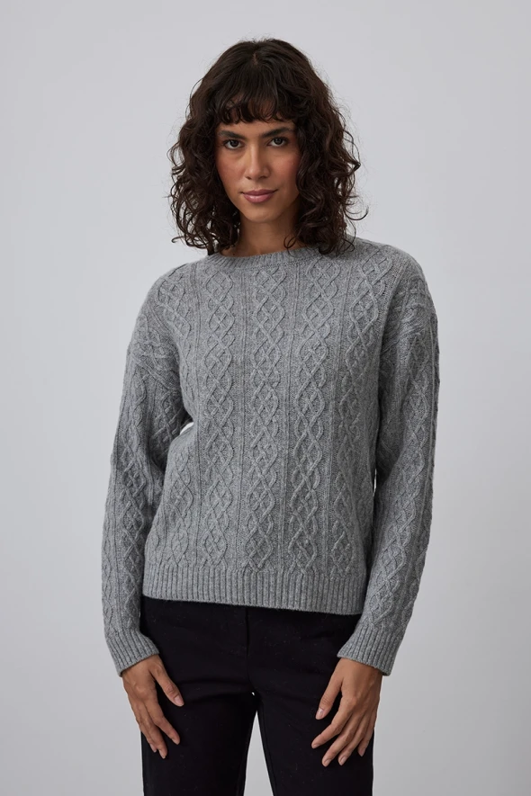 Wool Sweater with Knit Patterned - Gray - 3