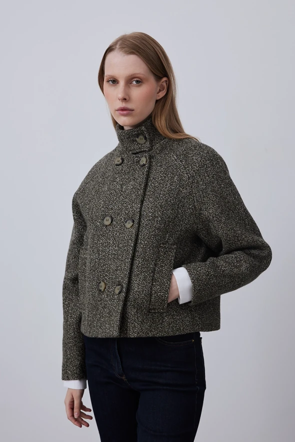 Woolen Jacket with Stand Collar - Khaki - 3