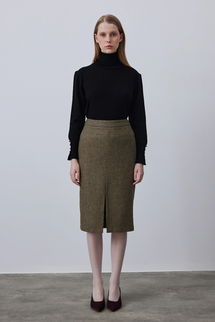 Woolen Skirt with Front Slit - Khaki - Gusto